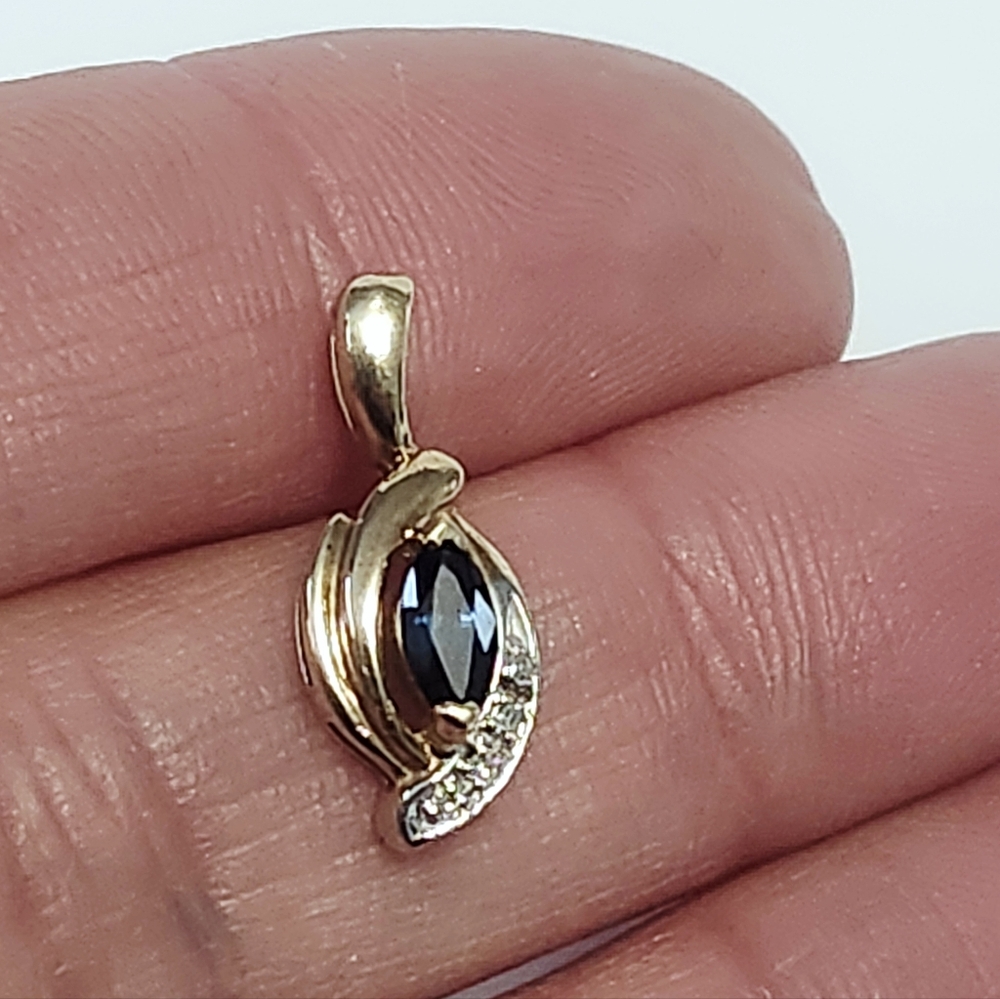 10K Sapphire Marquise & Diamond Yellow Gold Pendant - Picture 3 of 7